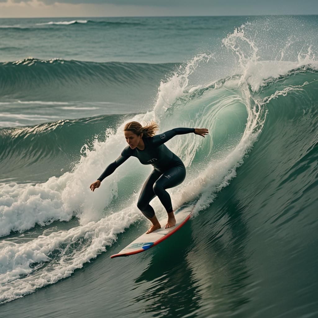 Girl Surfing a Wave: Cinematic Film Still