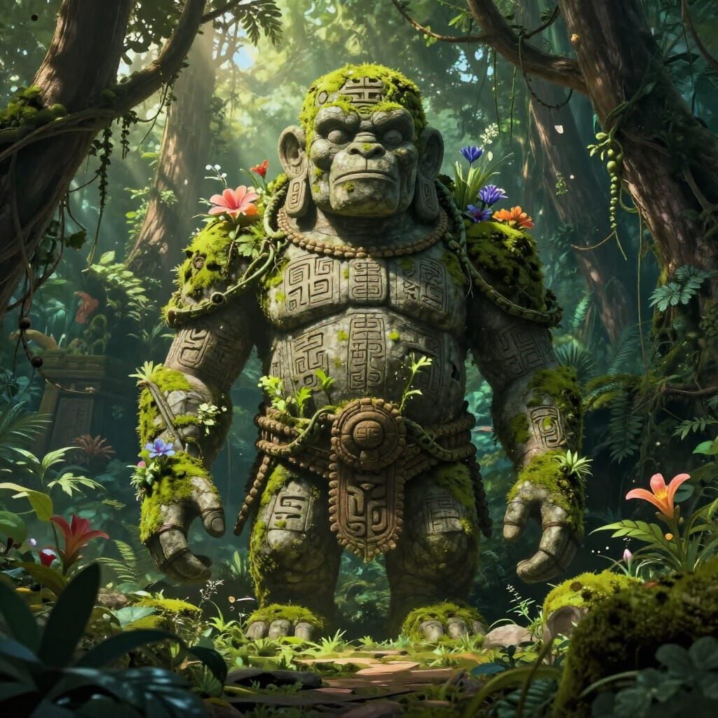 Mossy Stone Golem Guards Jungle Temple in Miyazaki Style