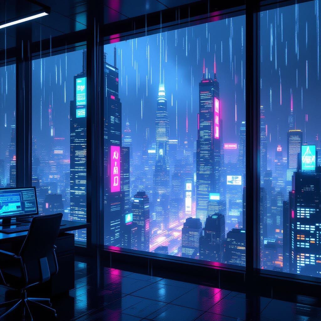 Cyberpunk Cityscape View from Office Window