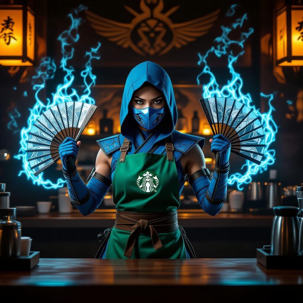 Kitana as Starbucks Barista with Steel Fans