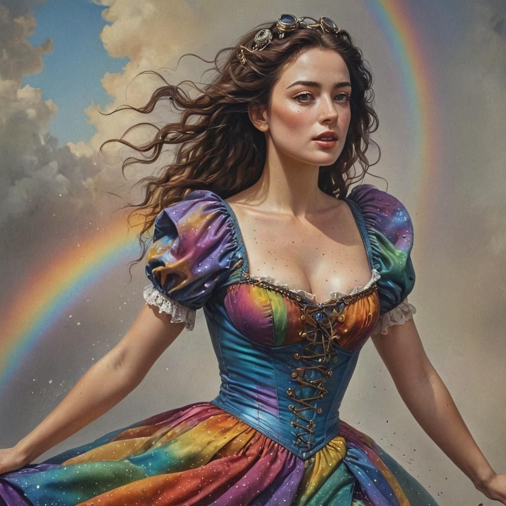 Ethereal Brunette in Rainbow Dress: Surrealist Oil Painting