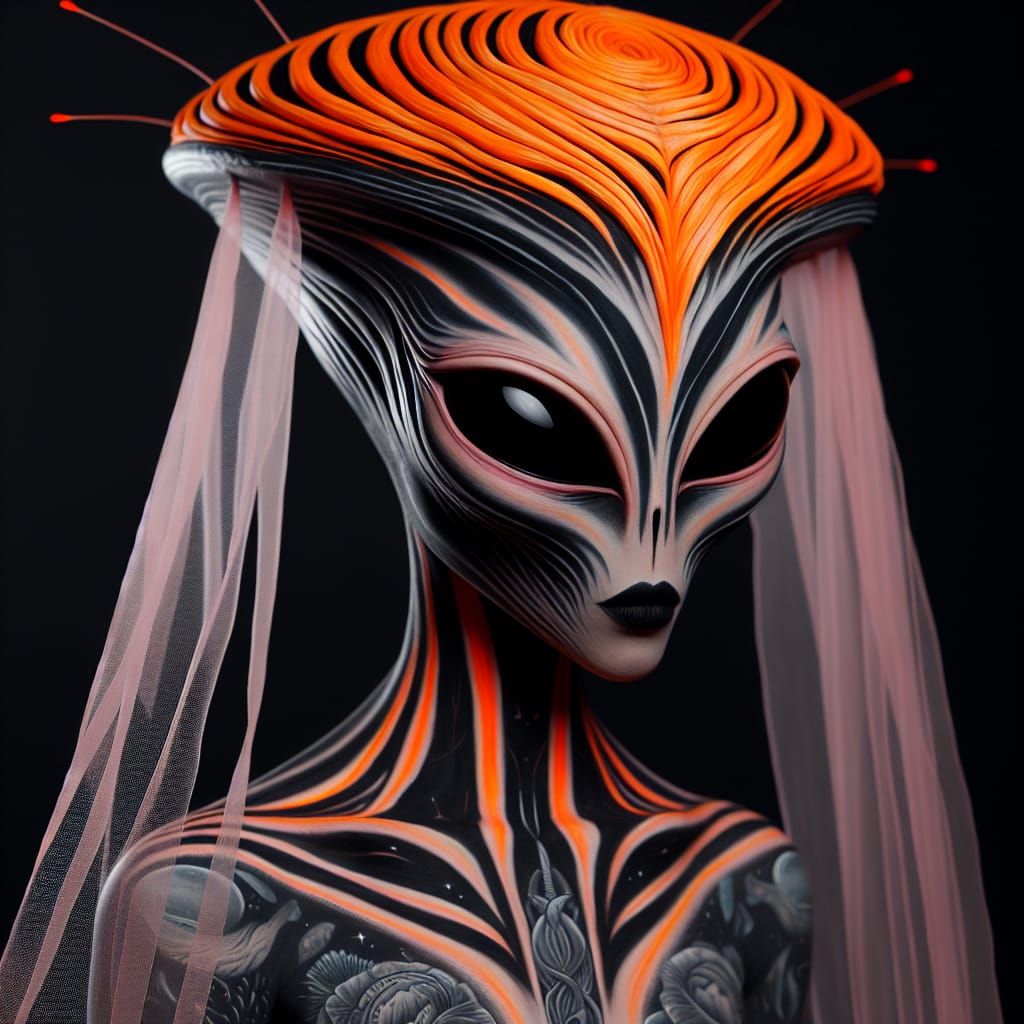 a stunning alien female, her face is enlongated with black s...