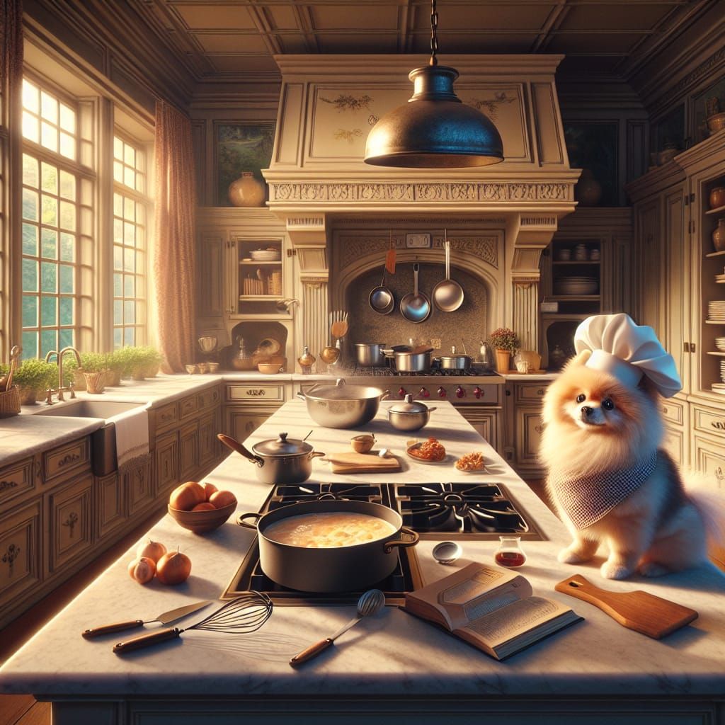 A Pomeranian, Cooking Dinner