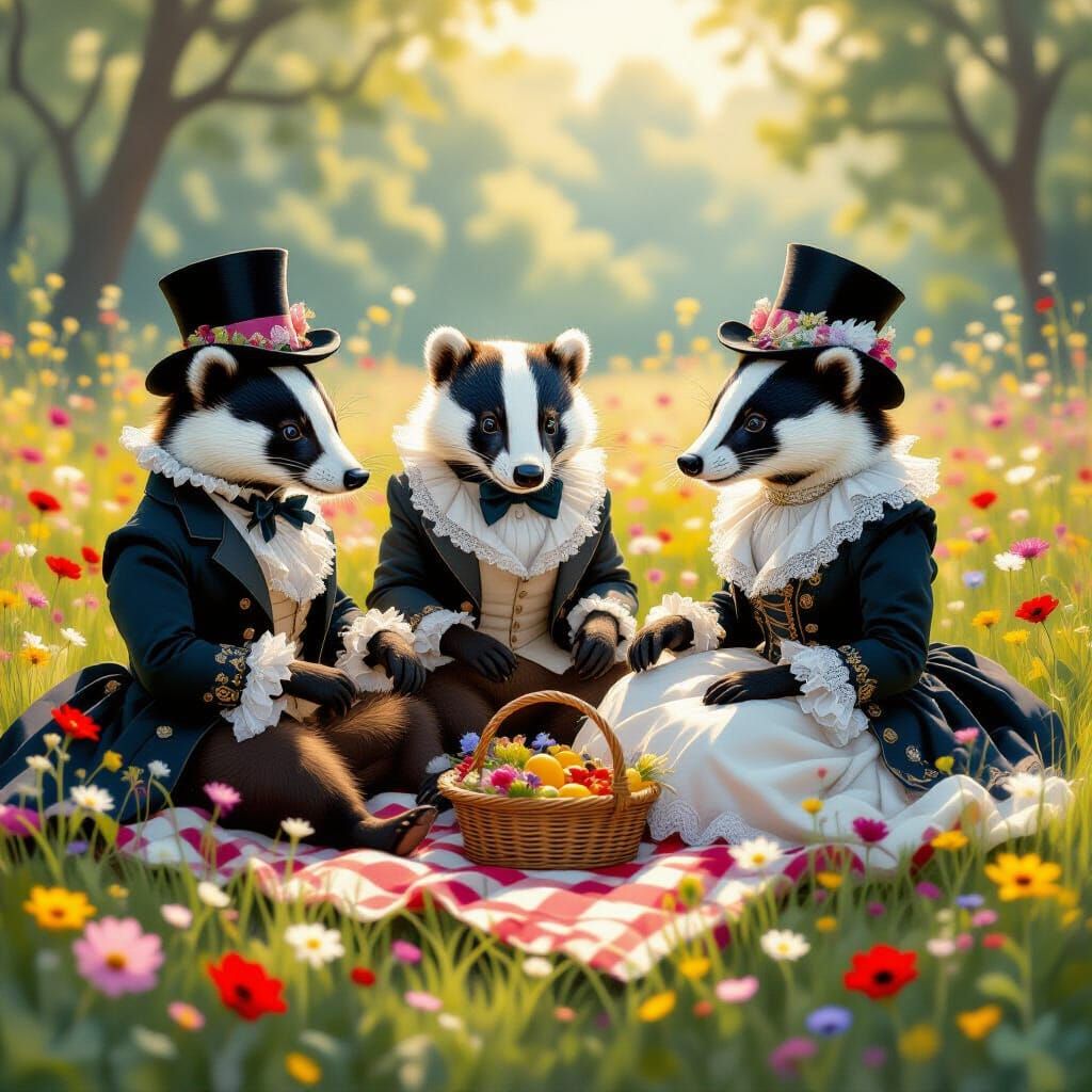 Badger Family Picnic in Victorian Art Nouveau Style