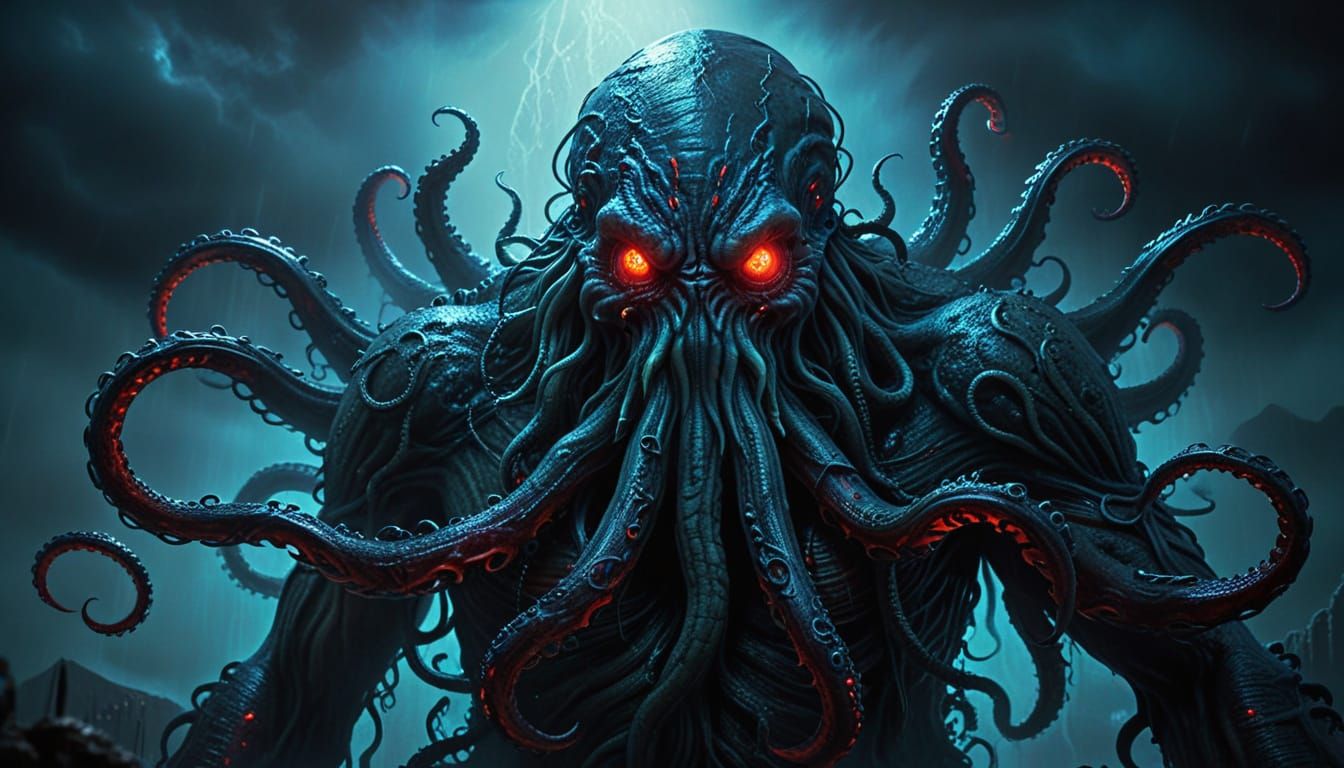 Grotesque Cthulhu Creature with Tentacles in Dark Fantasy Ar...