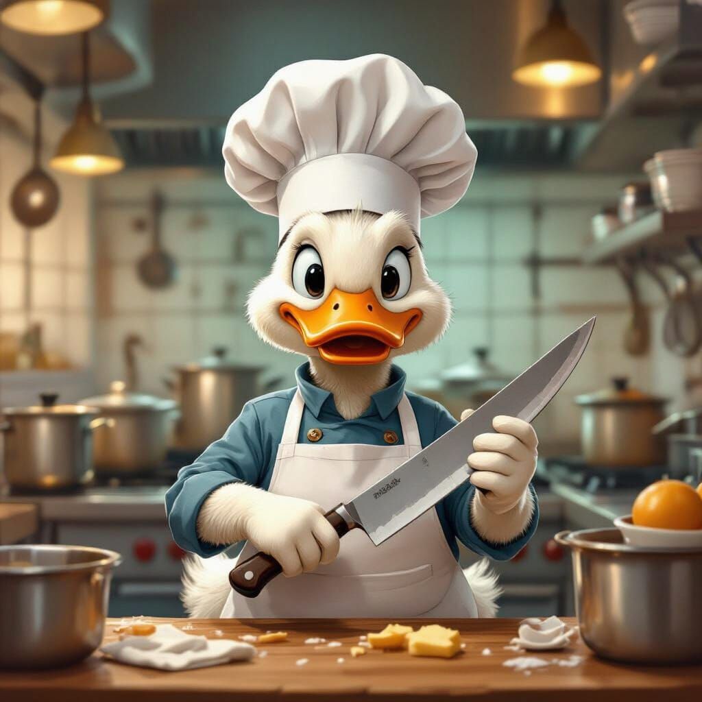 Duck Chef with Knife in Whimsical Kitchen