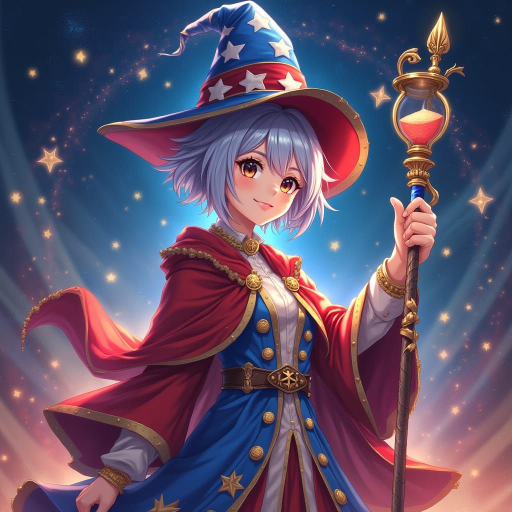Elegant Time Wizard in Cosmic Red White and Blue