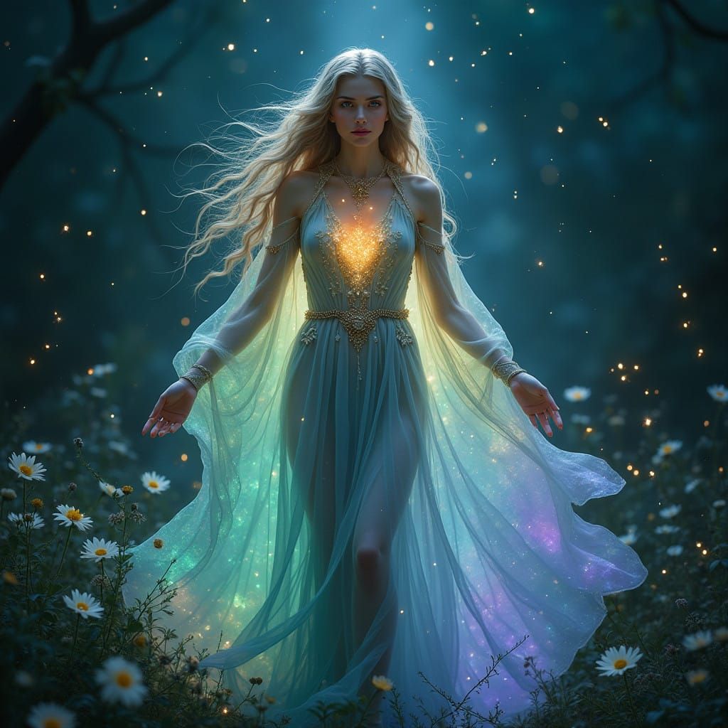 Radiant Fae-Woman in Emerald and Sapphire Night Scene