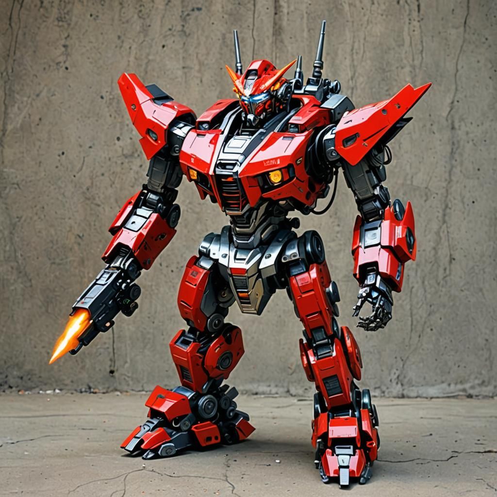 Futuristic Mech Warrior in Burning Cityscape