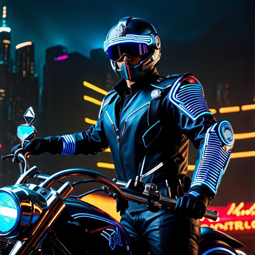 Retrofuturistic Motorcycle Officer in Dystopian Cityscape