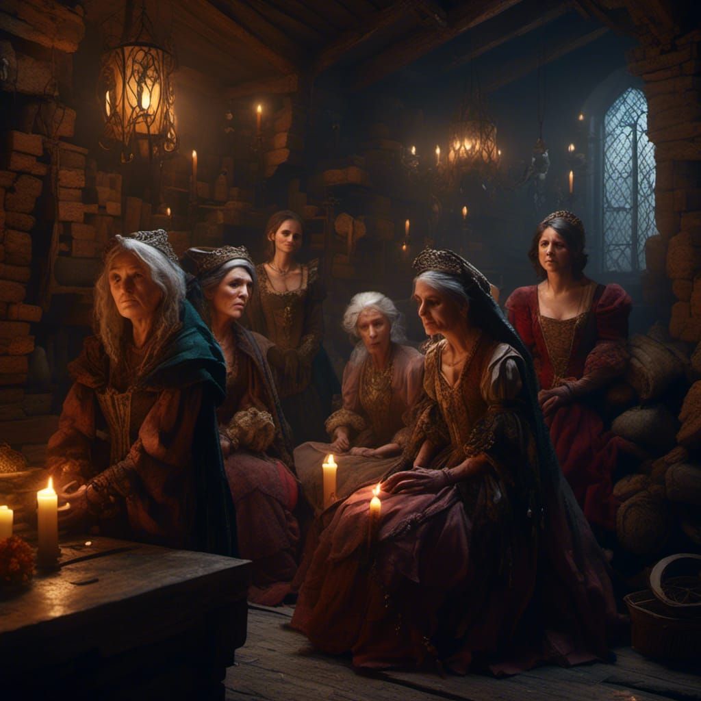 Medieval Women Hiding in Cellar: Dark Fantasy Art