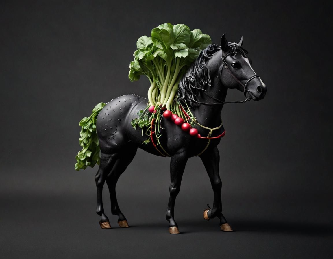 Elegant Radish Horse Sculpture on Black Background