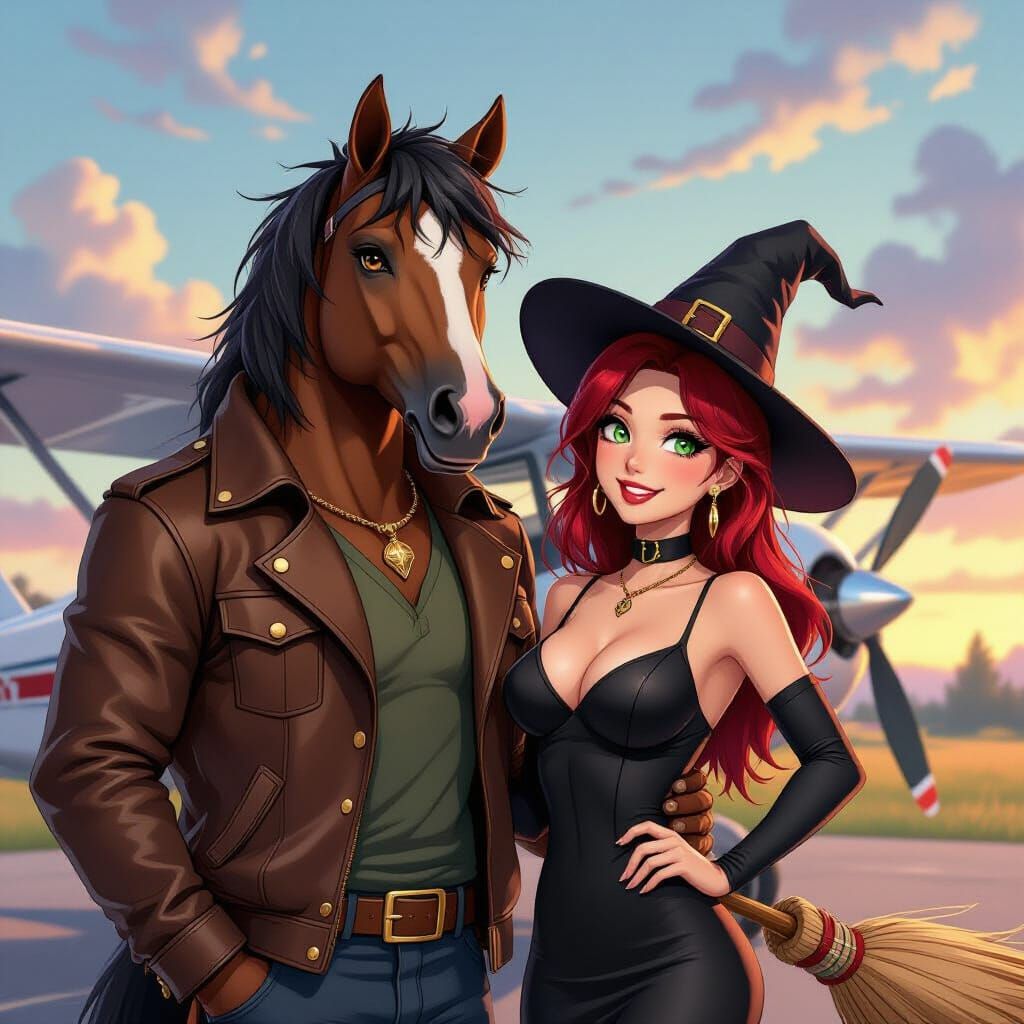 Anime-Style Centaur and Witch Near Biplane