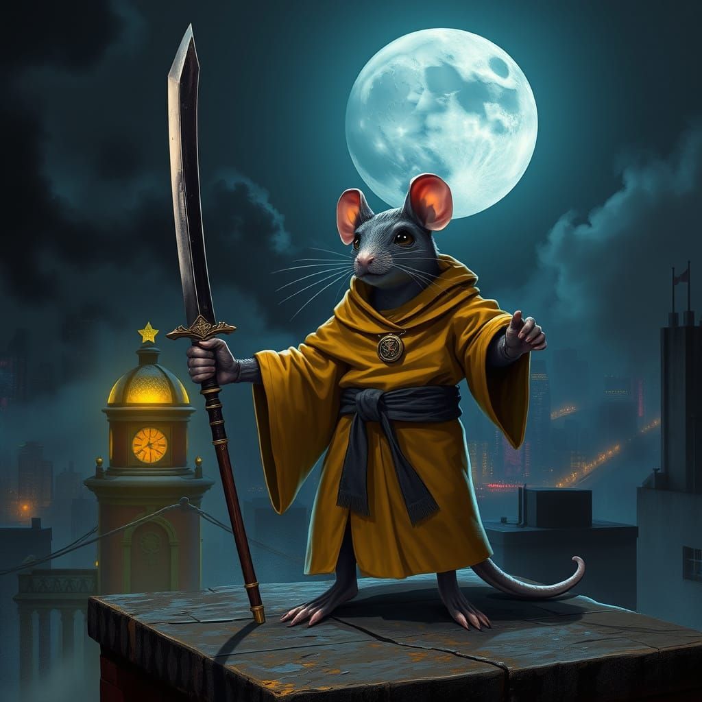 Heroic Mutant Rat Splinter on Rooftop, Cinematic Art