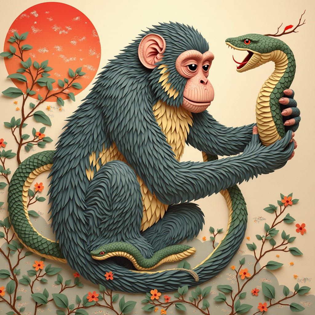 Japonese Monkey and Snake Scene in Ukiyo-e Style