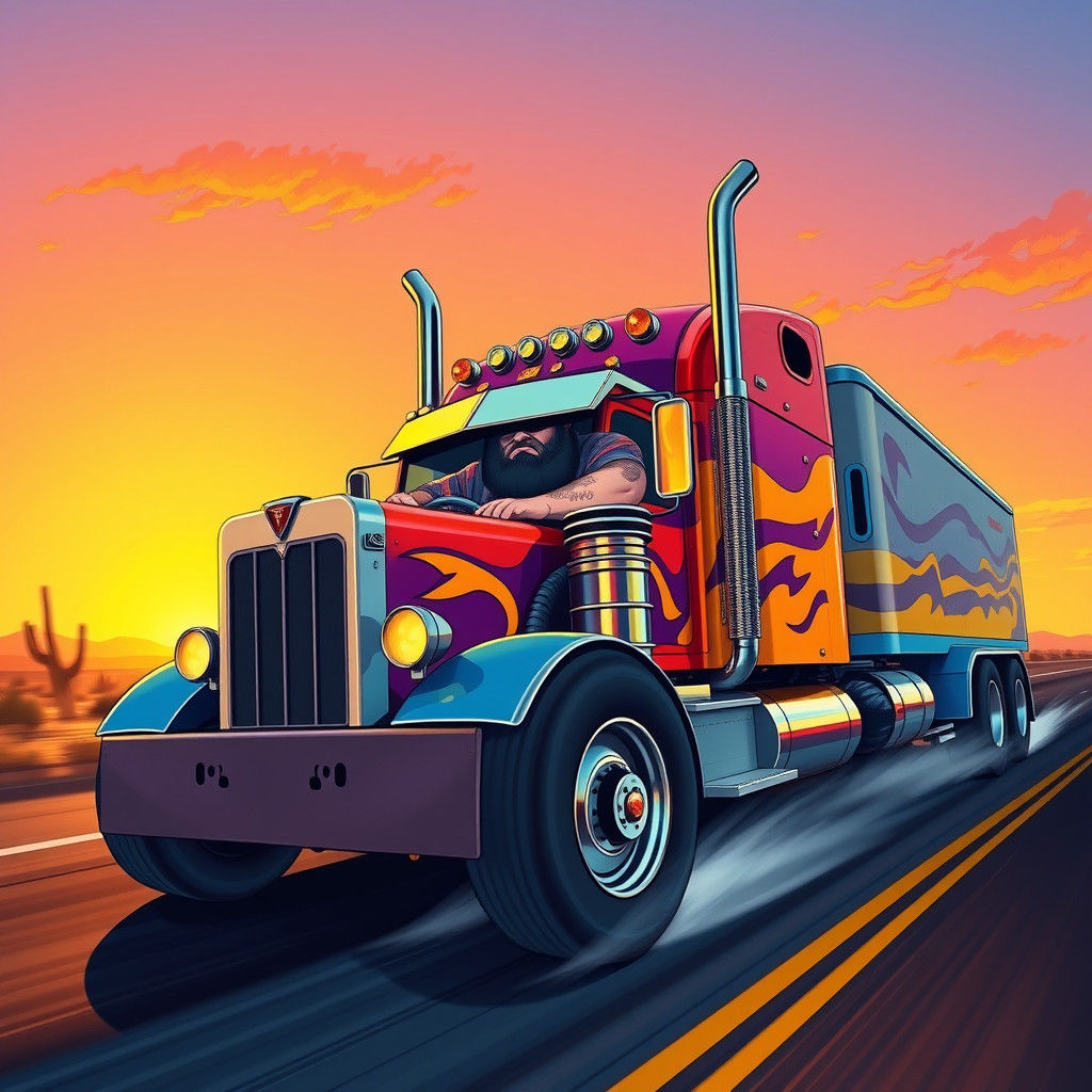 Truck Driver on Desert Highway in Digital Illustration Style