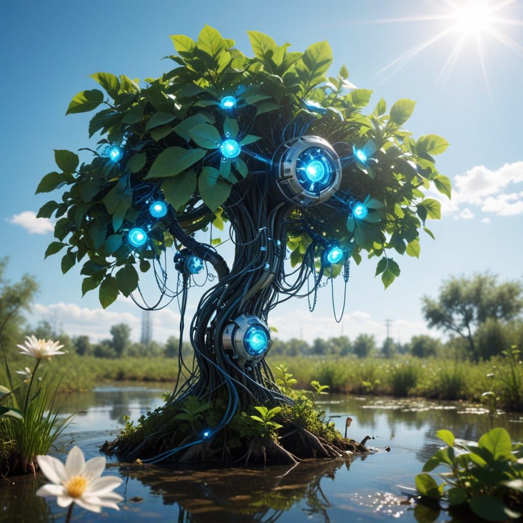 Cyberpunk Tree Robot Hybrid in Wetlands