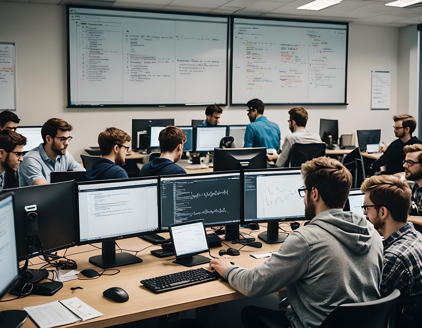 Software Developers Coding Collaboratively at Desks