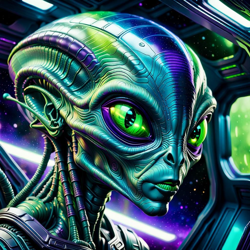 Curious Alien Face on Spaceship, Sci-Fi Illustration