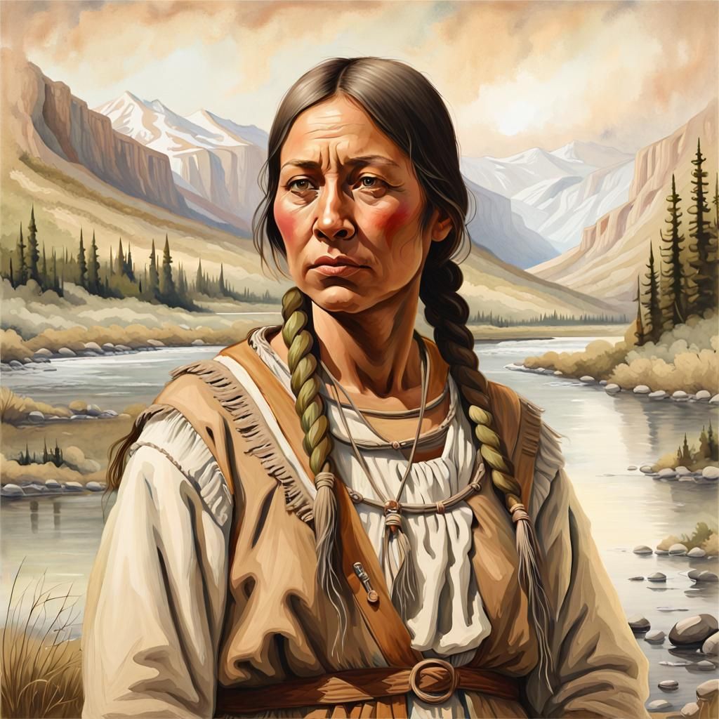 Sacagawea Portrait in American Frontier Landscape
