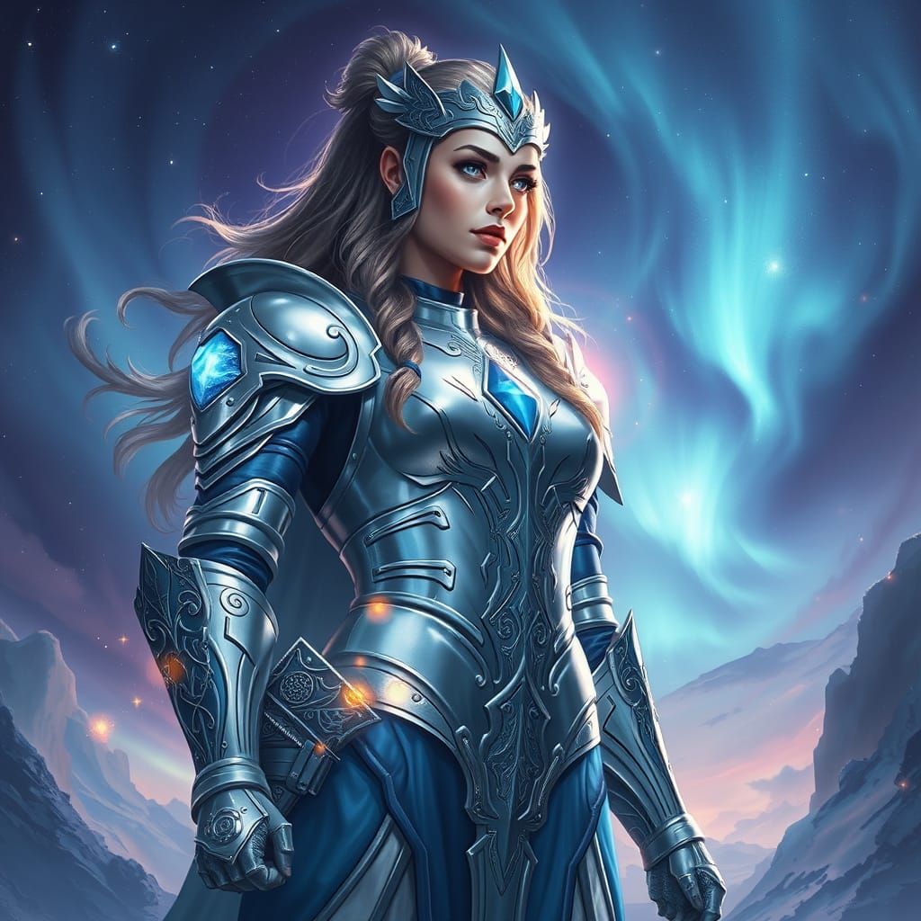 Ethereal Warrior Queen in Shimmering Silver and Sapphire Arm...
