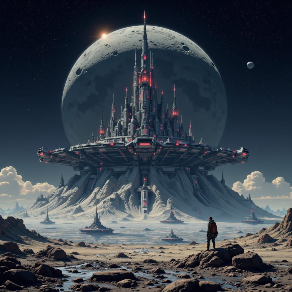 Futuristic Pyramid City on Cratered Moon