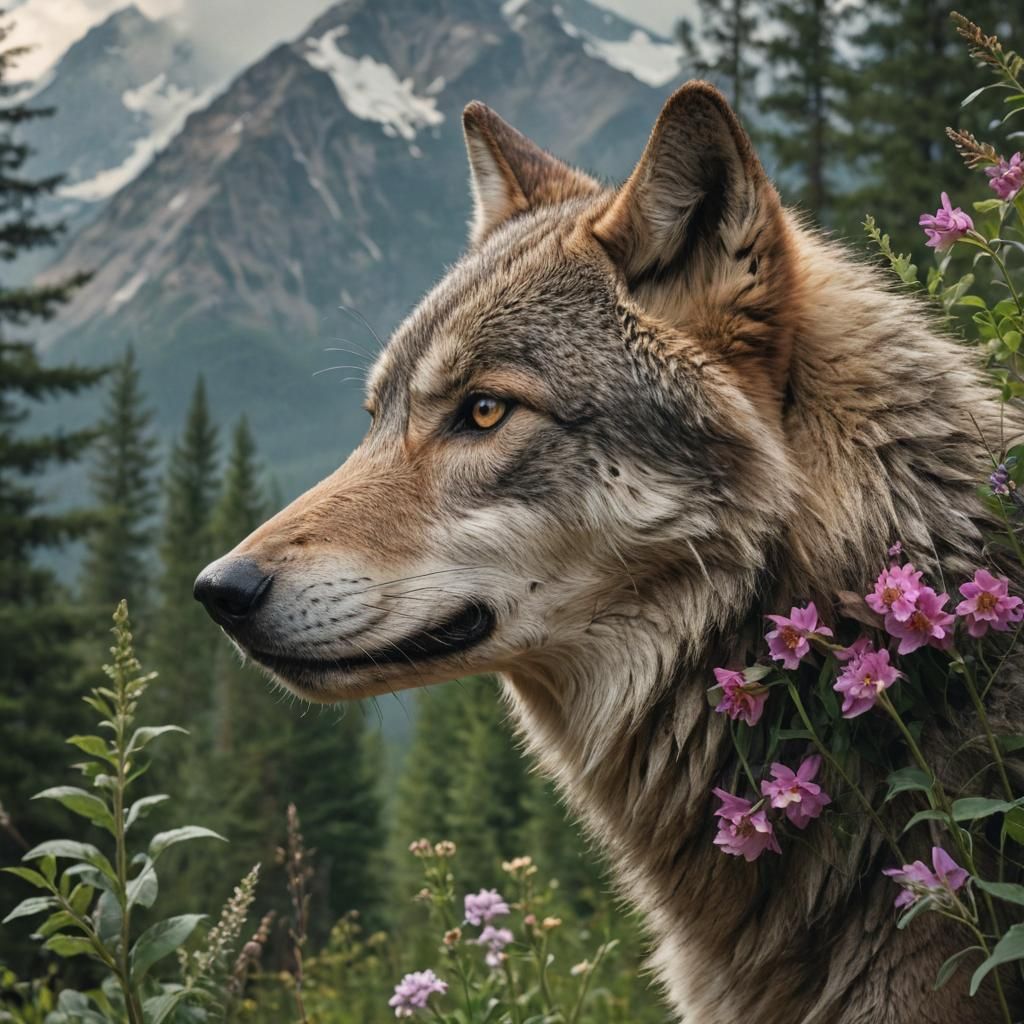 (Fantasy Art:1.2) photo of a wolf's head in profile, intricately blended with a landscape featuring mountains, forests, ...