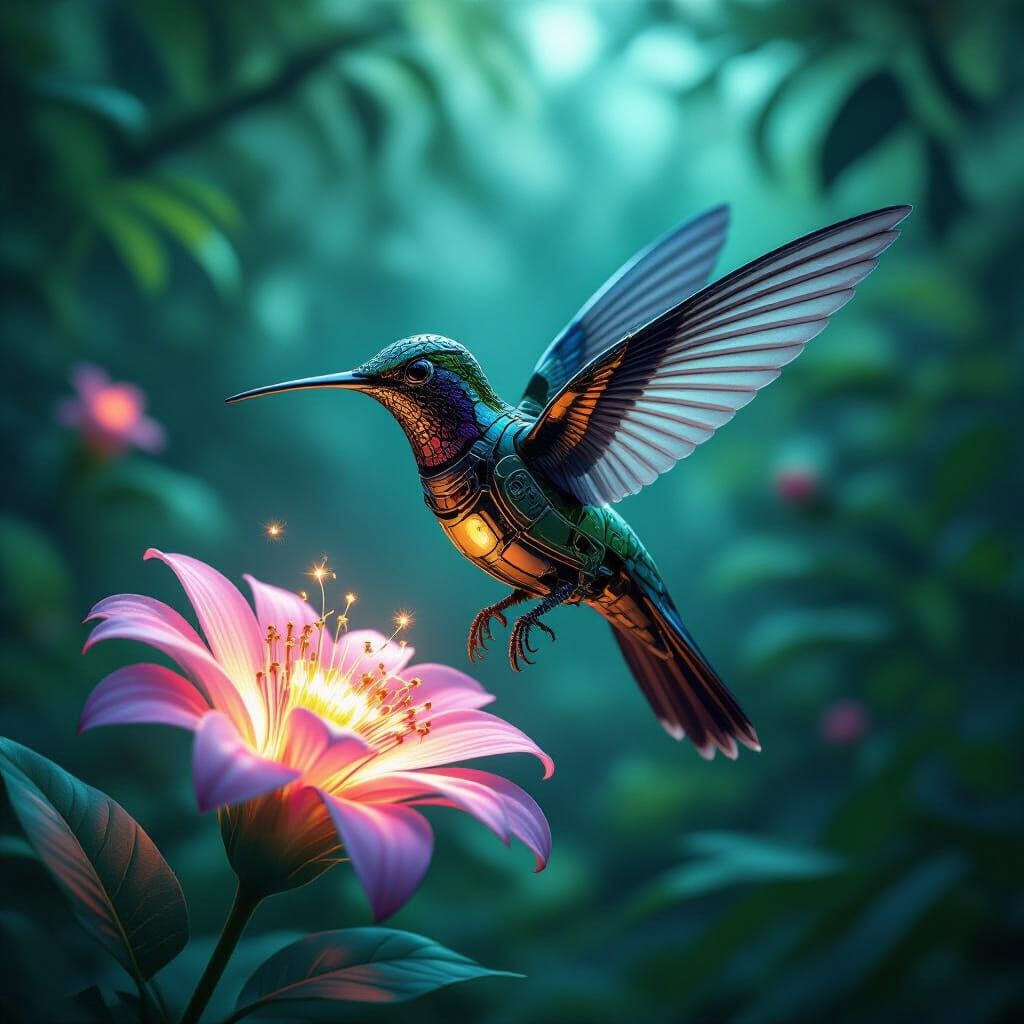 Mechanical Hummingbird Over Alien Bioluminescent Flower