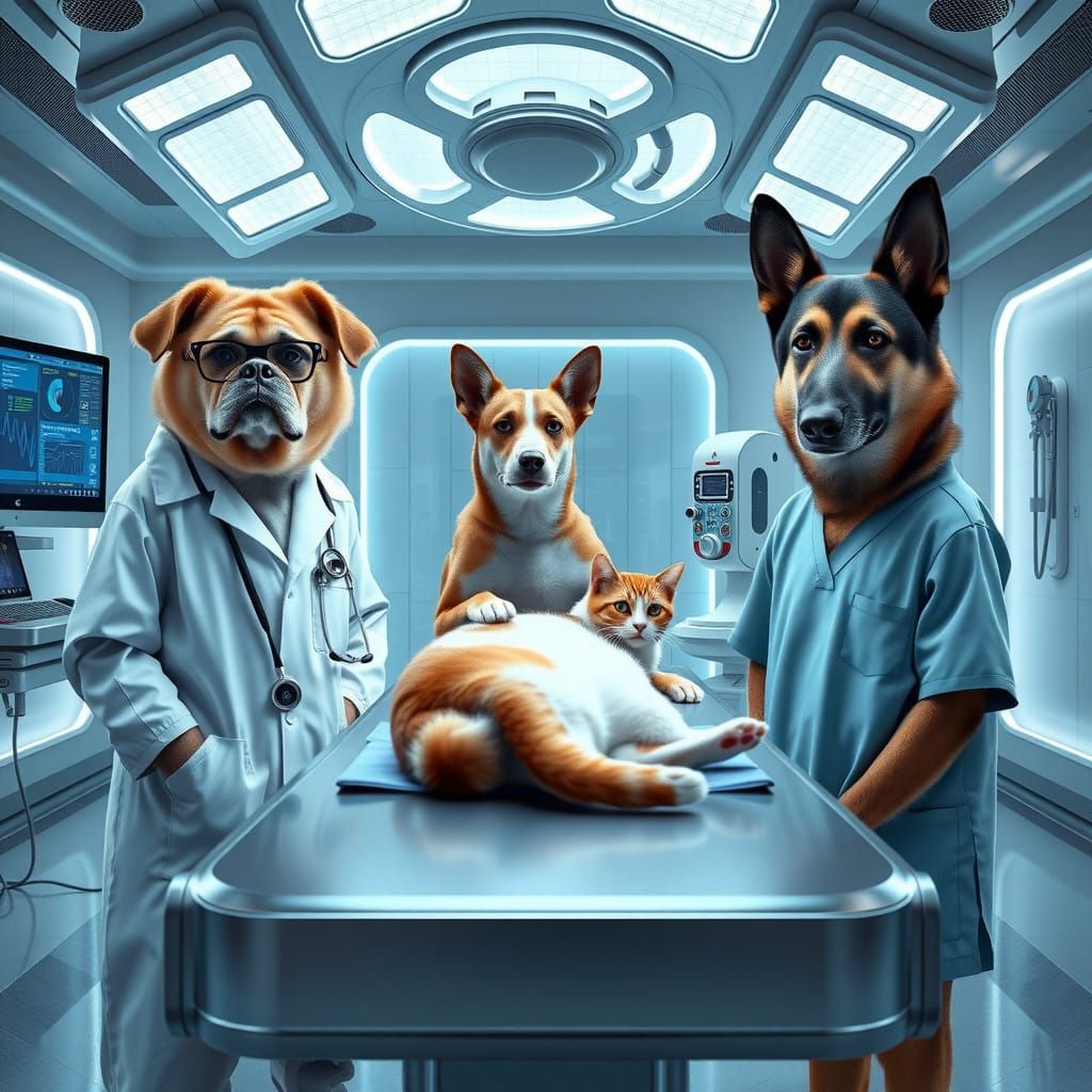 Veterinarians in Futuristic Veterinary Clinic
