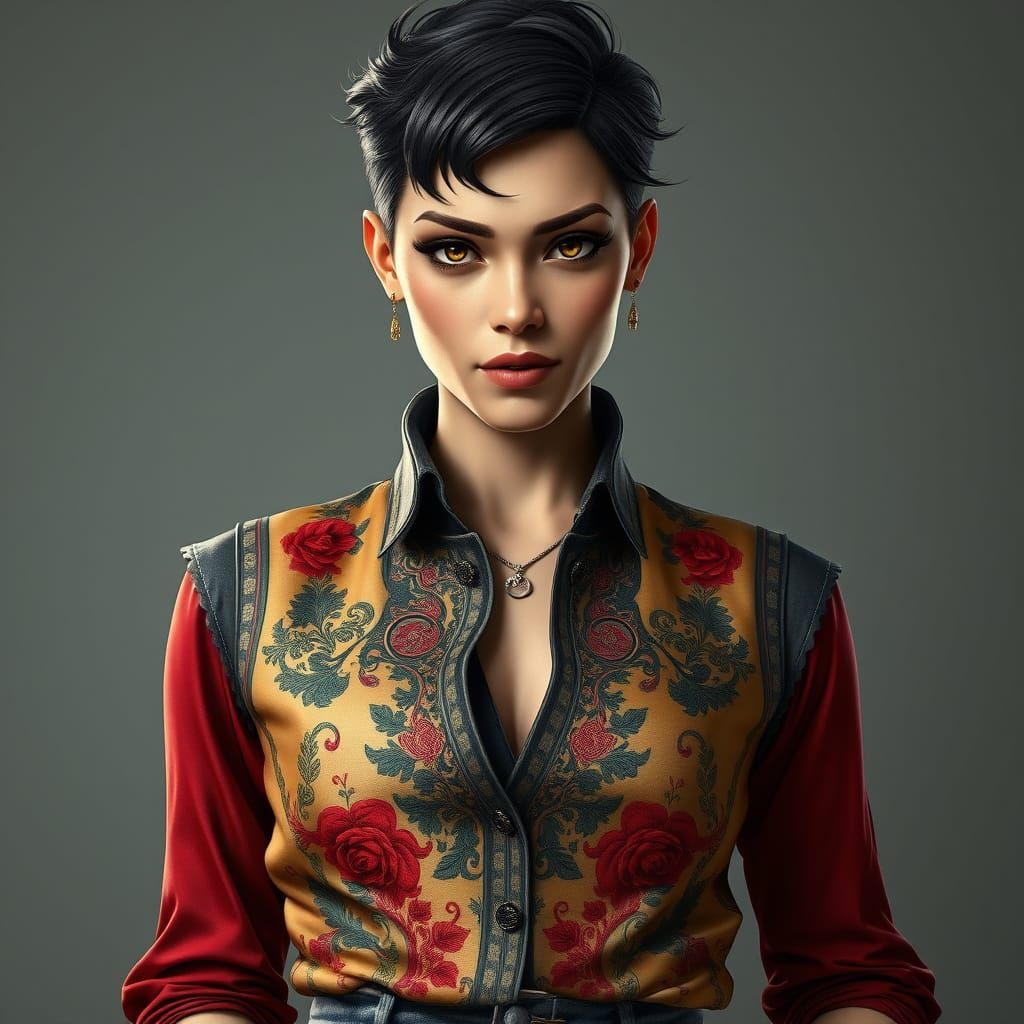 Androgynous Woman in Embroidered Silk Waistcoat