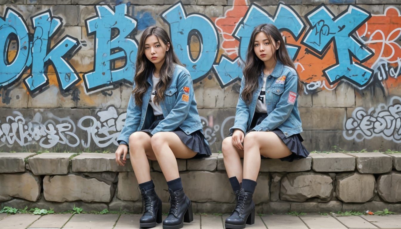 Asian Woman Sits Before Graffiti-Wall in Urban Landscape