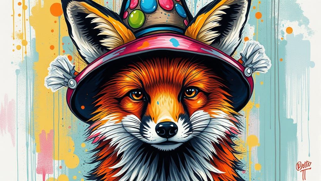 Fox in Unique Hats, Street Art Style