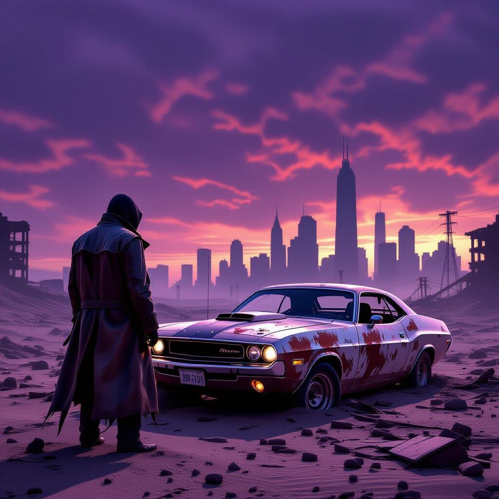 Lone Figure in Dusty Wasteland Under Bruised Sky