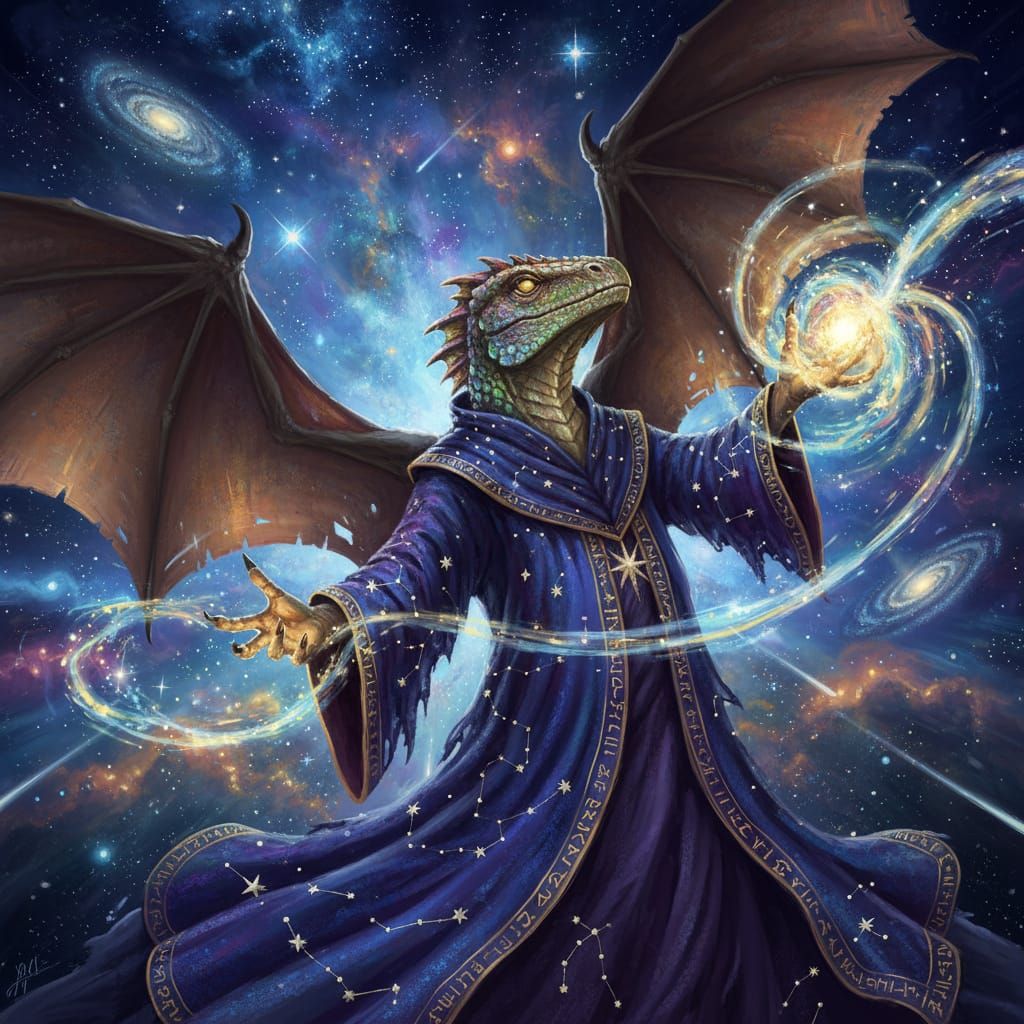Lizard Wizard with Bat Wings Casting Spell in Starry Night