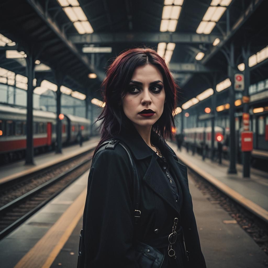 Vampiric Emo Woman at Train Station: Cinematic Still