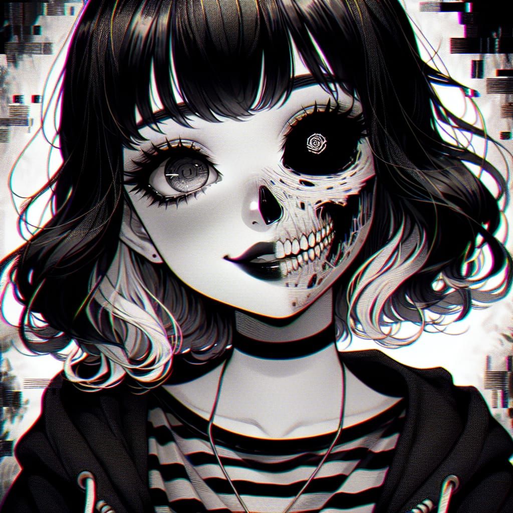 Gothic Anime Girl with Skeletal Half-Face