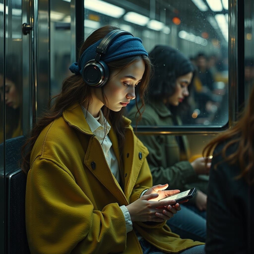Baroque Woman with Headphones on NYC Subway