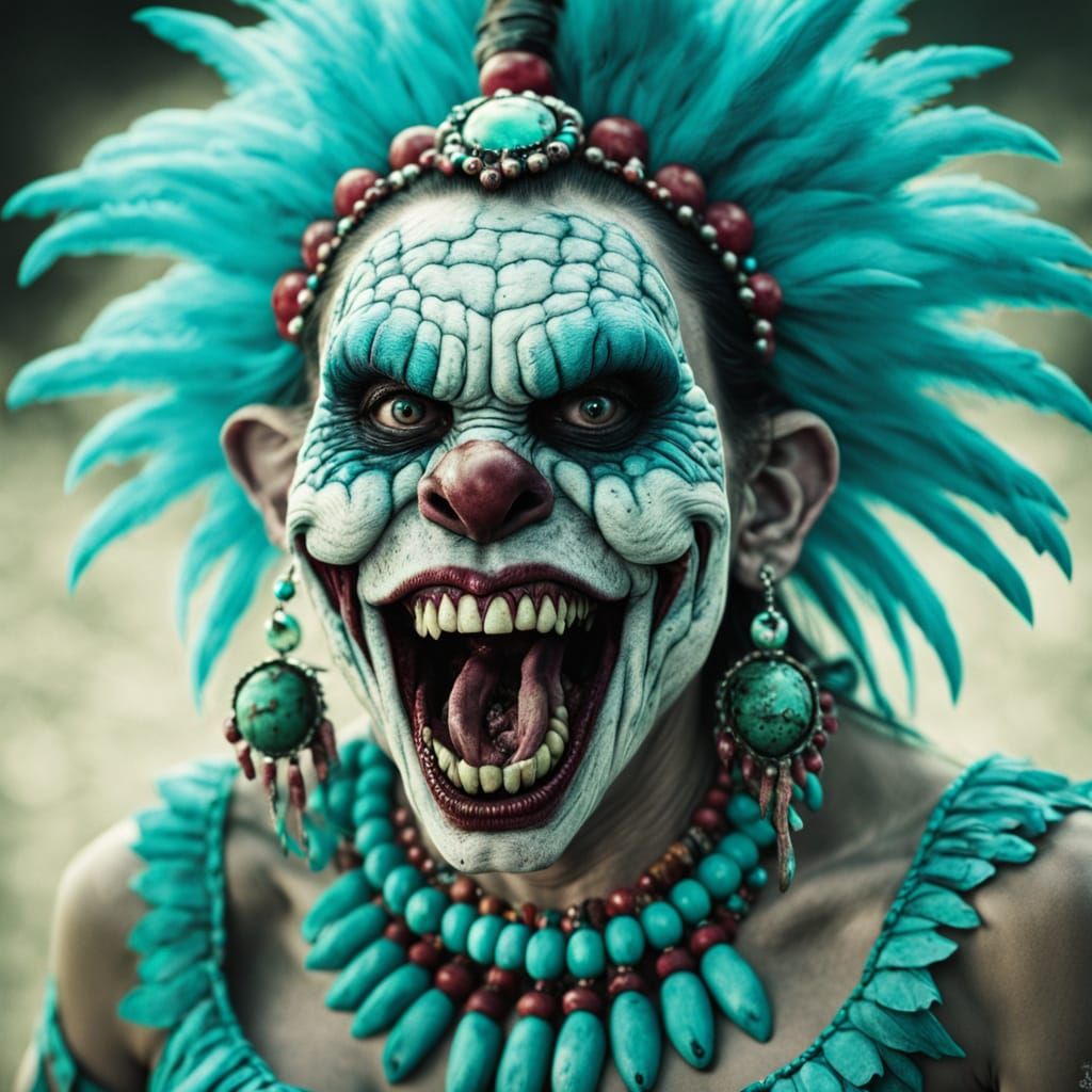 Cinematic Zombie Monkey Clown with Turquoise Jewelry