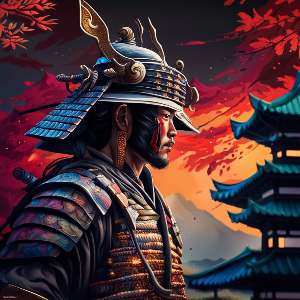 Samurai Warrior Near Pagoda Temple in Hyperrealistic Style