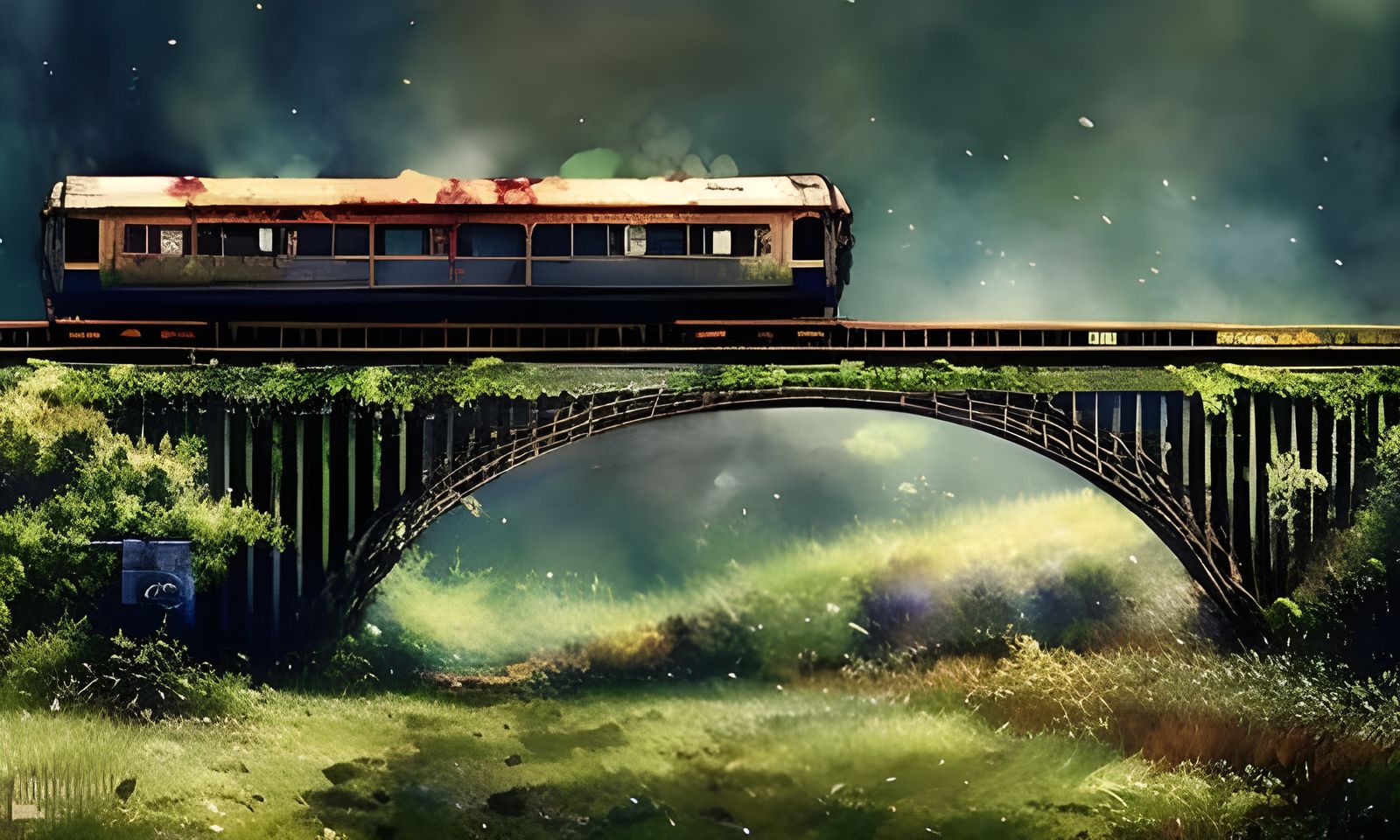 Overgrown Train at Abandoned Station in Watercolor Style