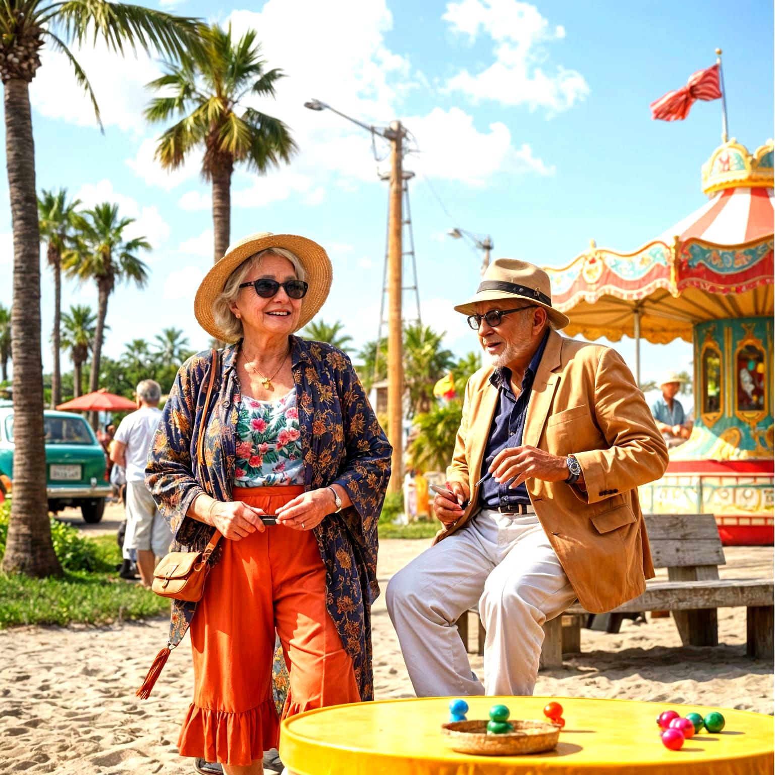 Joyful Seniors Enjoying a Whimsical Carnival Ride