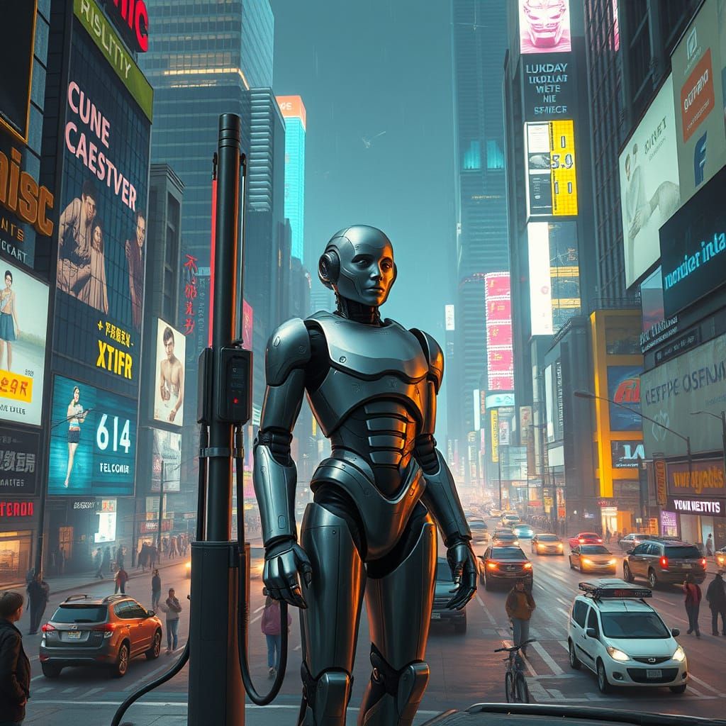 Sad Robot in Cyberpunk Dystopian Cityscape