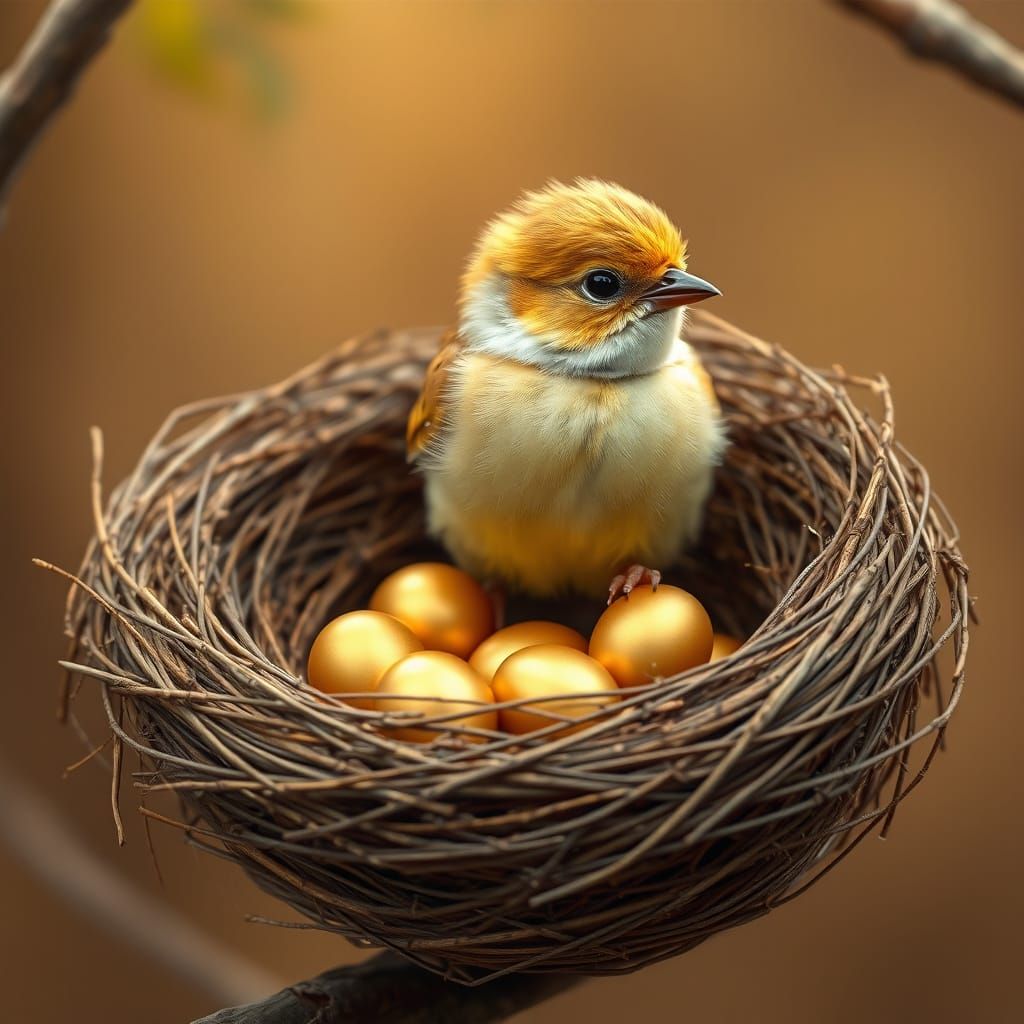 Golden Bird in Hyperrealistic Nest
