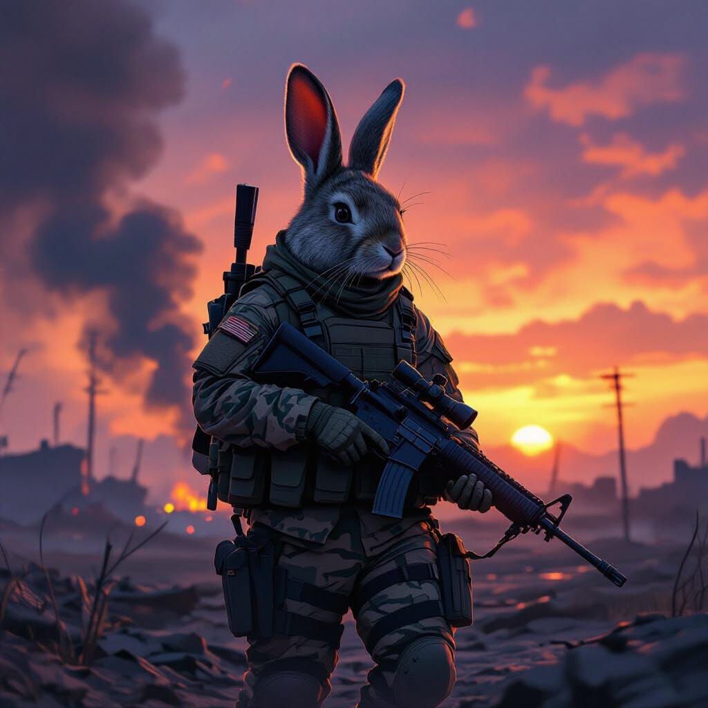 Stoic Military Bunny in War-Torn Dusk Landscape