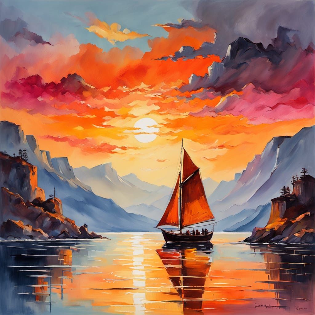 Sunset Sailboat Scene in Romantic Impressionism Style