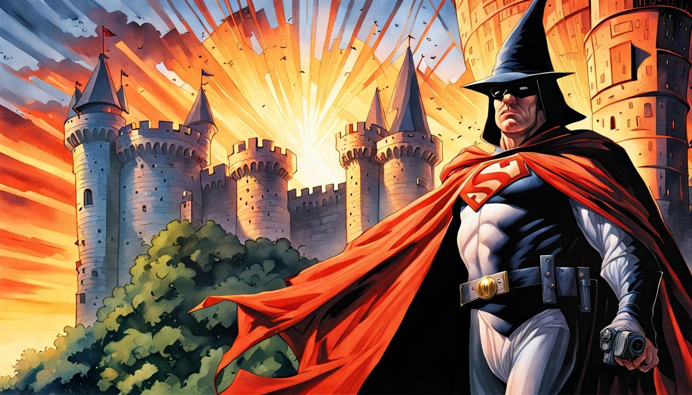 Wizard Flies Over Castle in Comic Book Art