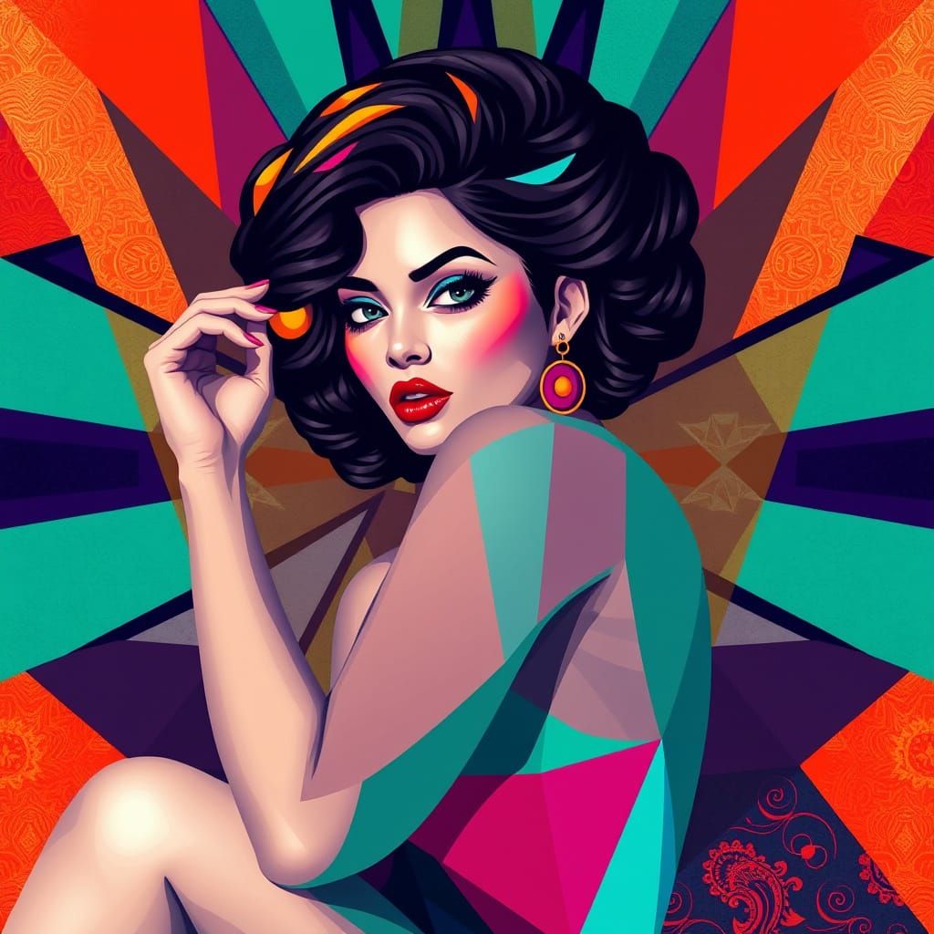 Vibrant Woman Posing in Geometric Neo-Cubism Style