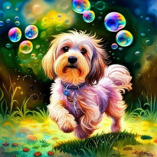 Cute Shaggy Dog Chasing Bubbles in Watercolor Style