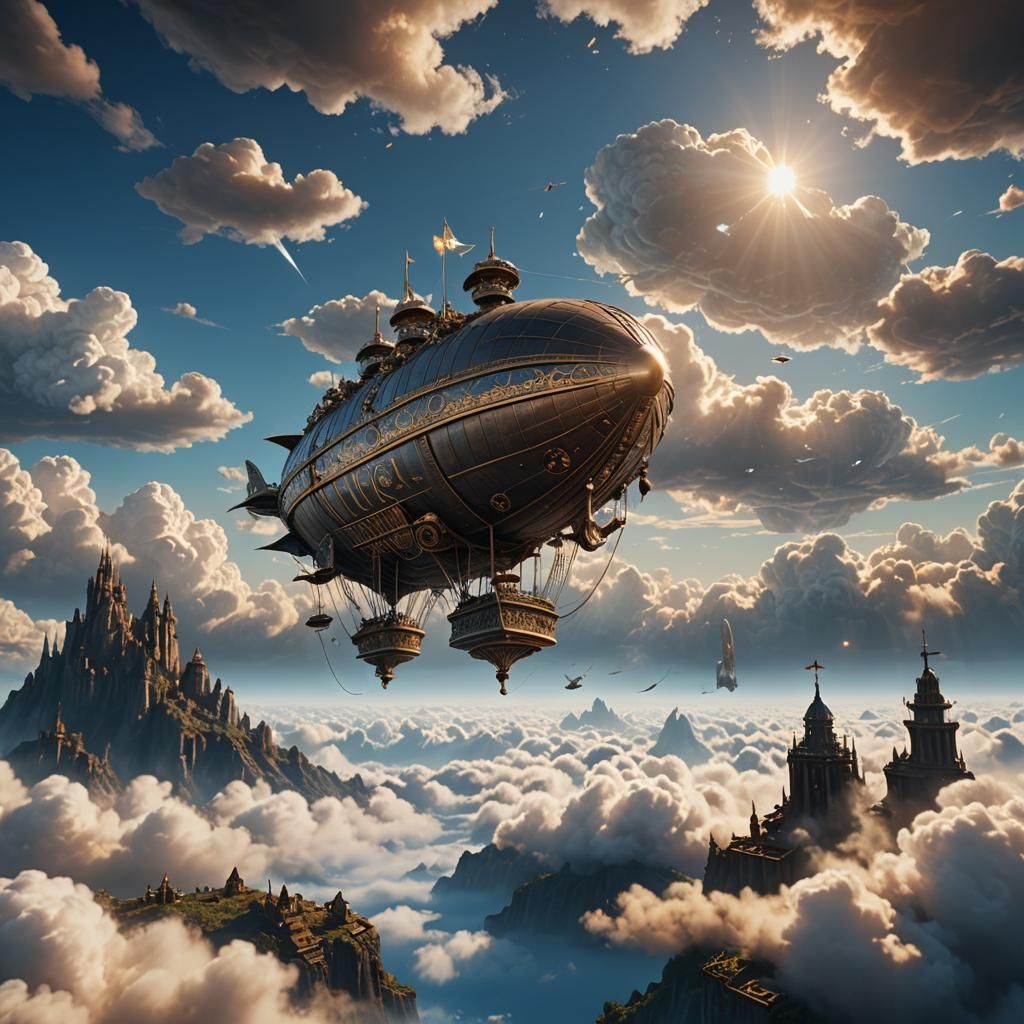 Airship Above Clouds: Fantasy Concept Art