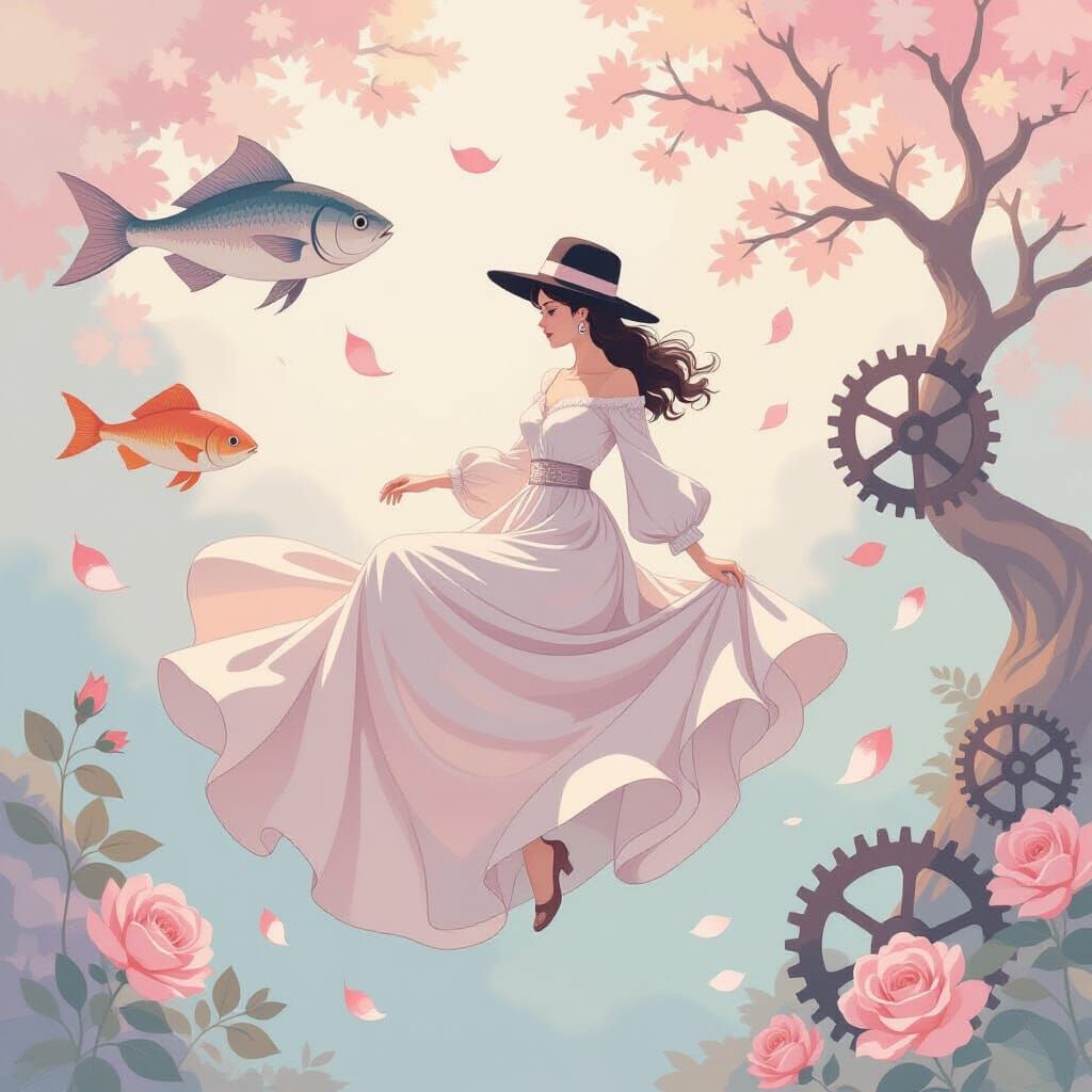 Surreal Pastel Dreamscape with Floating Woman